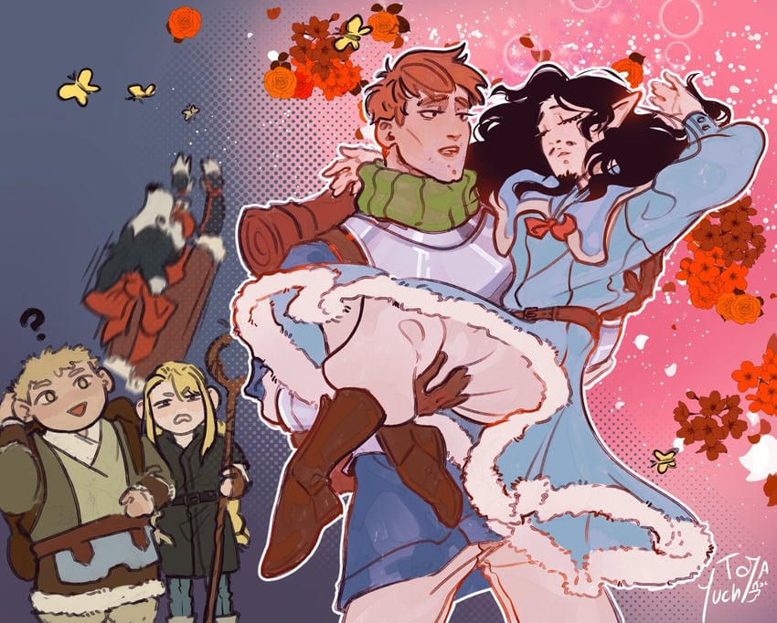 marcille donato, laios touden, senshi, chilchuck tims, and izutsumi (dungeon meshi) drawn by toyayuchi