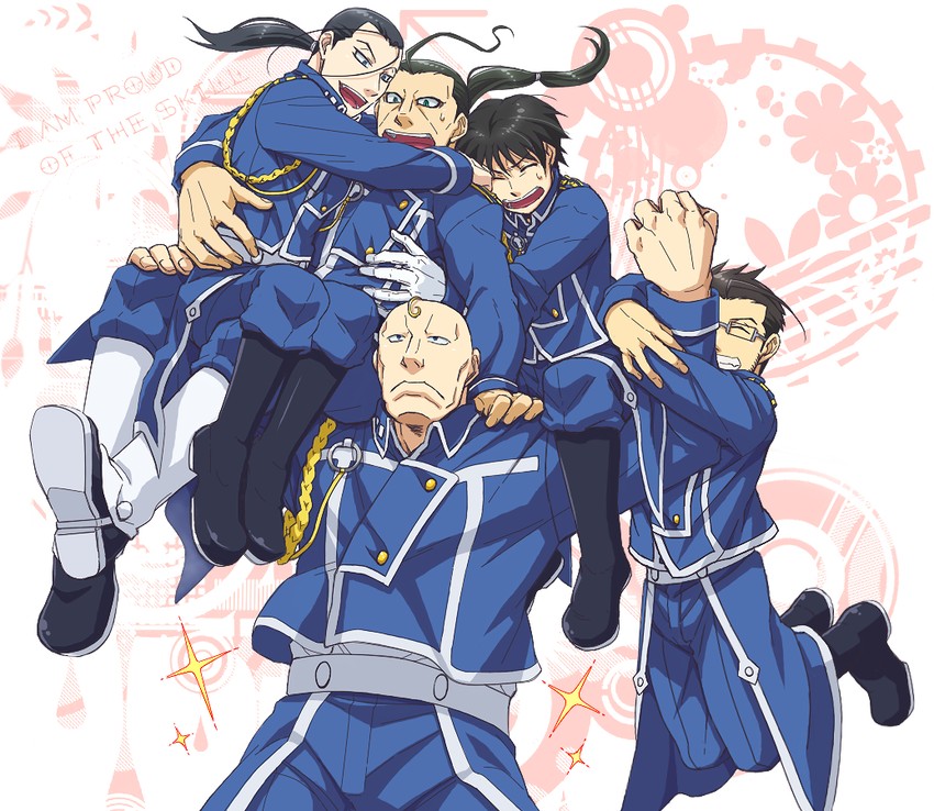 roy mustang, alex louis armstrong, maes hughes, solf j. kimblee, and isaac macdougal (fullmetal alchemist) drawn by ntm