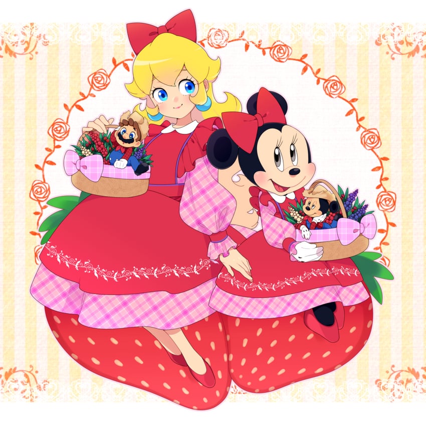 princess peach, mario, mickey mouse, and minnie mouse (mario and 1 more) drawn by riomario