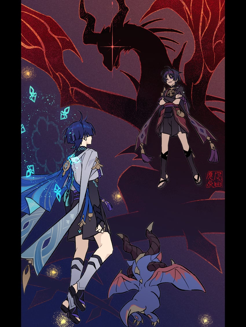 scaramouche, wanderer, mini durin, and durin (genshin impact) drawn by nagi_yusura
