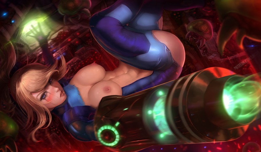 samus aran, metroid, and metroid larva (metroid) drawn by limgae