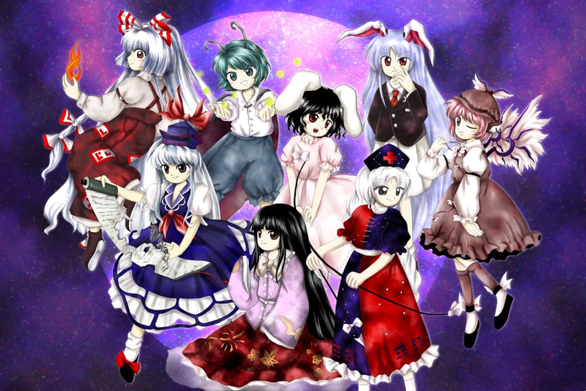 reisen udongein inaba, fujiwara no mokou, kamishirasawa keine, houraisan kaguya, mystia lorelei, and 2 more (touhou and 1 more) drawn by medinki