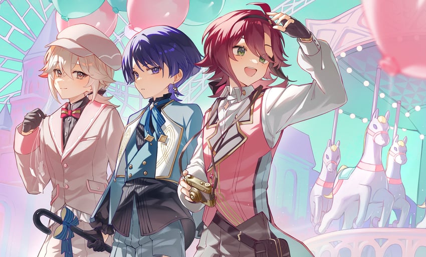scaramouche, wanderer, kaedehara kazuha, and shikanoin heizou (genshin impact) drawn by mochimiya_(coyo)