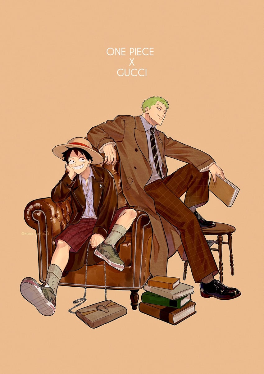 monkey d. luffy and roronoa zoro (one piece) drawn by komucom03