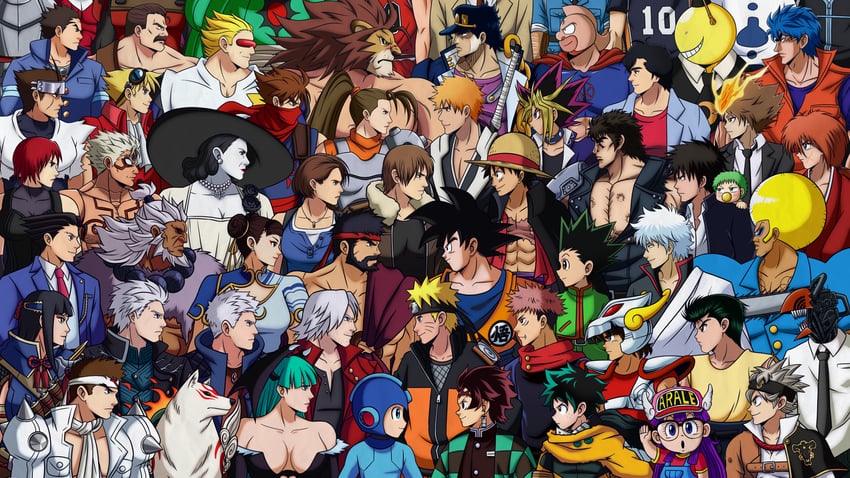 chun-li, kujo jotaro, morrigan aensland, son goku, monkey d. luffy, and 52 more (jojo no kimyou na bouken and 62 more) drawn by sean_cliff