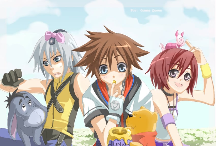 sora, kairi, riku, pooh, piglet, and 1 more (kingdom hearts and 2 more) drawn by pineapplebes