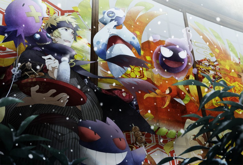 gengar, gastly, drifloon, ho-oh, froslass, and 2 more (pokemon and 1 more) drawn by kazu_sanbon