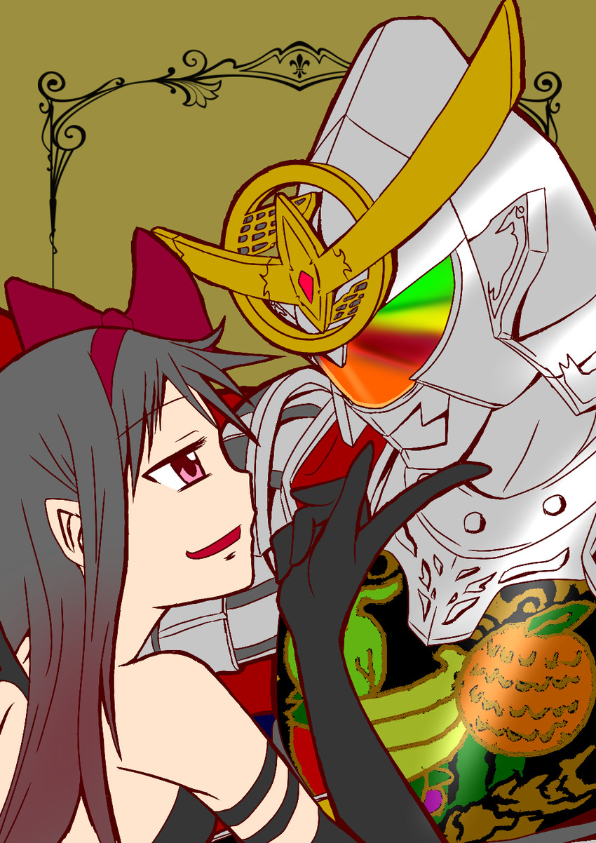 akemi homura, akuma homura, kamen rider gaim, and urobuchi gen (mahou shoujo madoka magica and 3 more) drawn by takoyaki_(spartan-201)