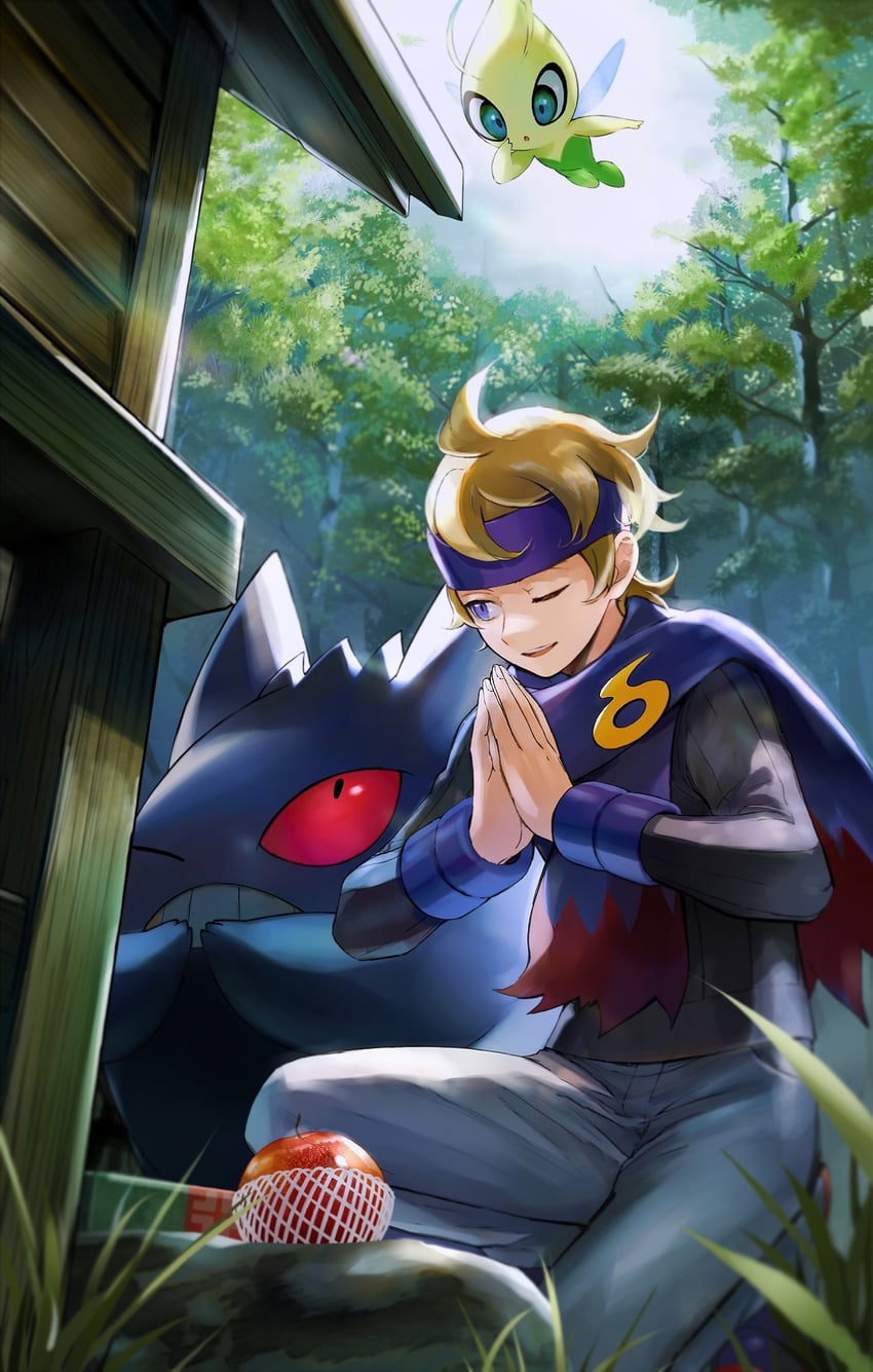 gengar, celebi, and morty (pokemon and 1 more) drawn by orange_mikan