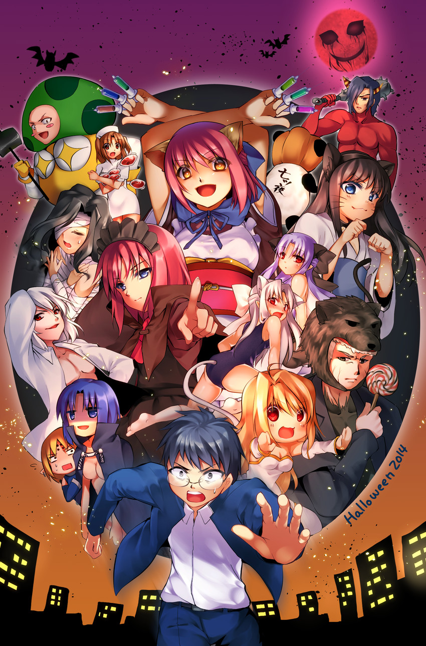 arcueid brunestud, ciel, tohno akiha, kohaku, tohno shiki, and 15 more (tsukihime and 2 more) drawn by tetsubo and yasuo_(torinikukani)