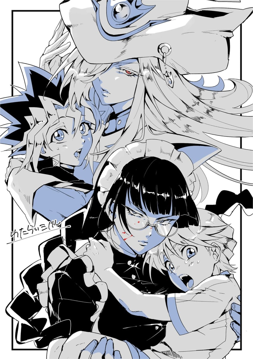 muto yugi, silent magician, roberta, and garcia lovelace (yu-gi-oh! and 1 more) drawn by mi_manu1950