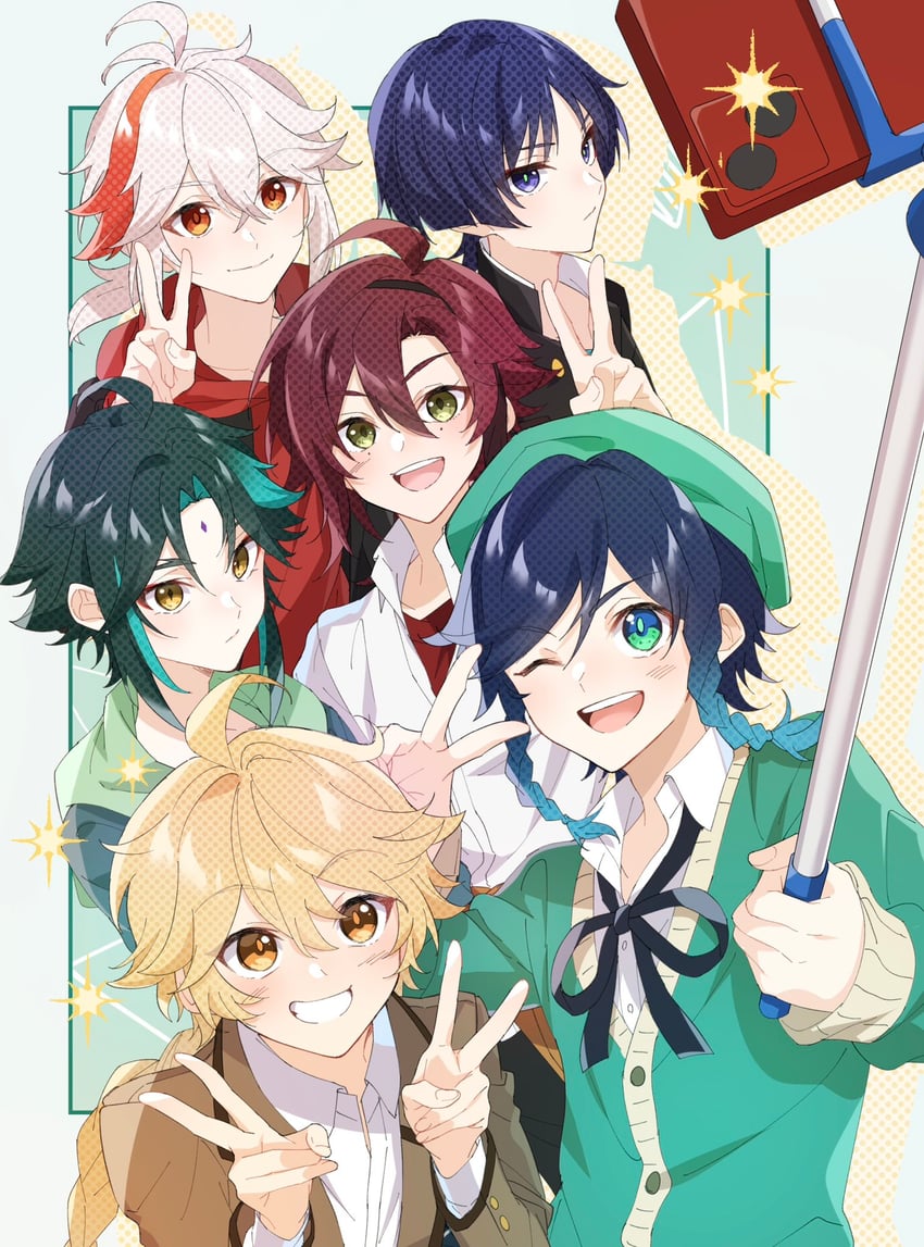 scaramouche, aether, wanderer, venti, xiao, and 2 more (genshin impact) drawn by mizuamememe
