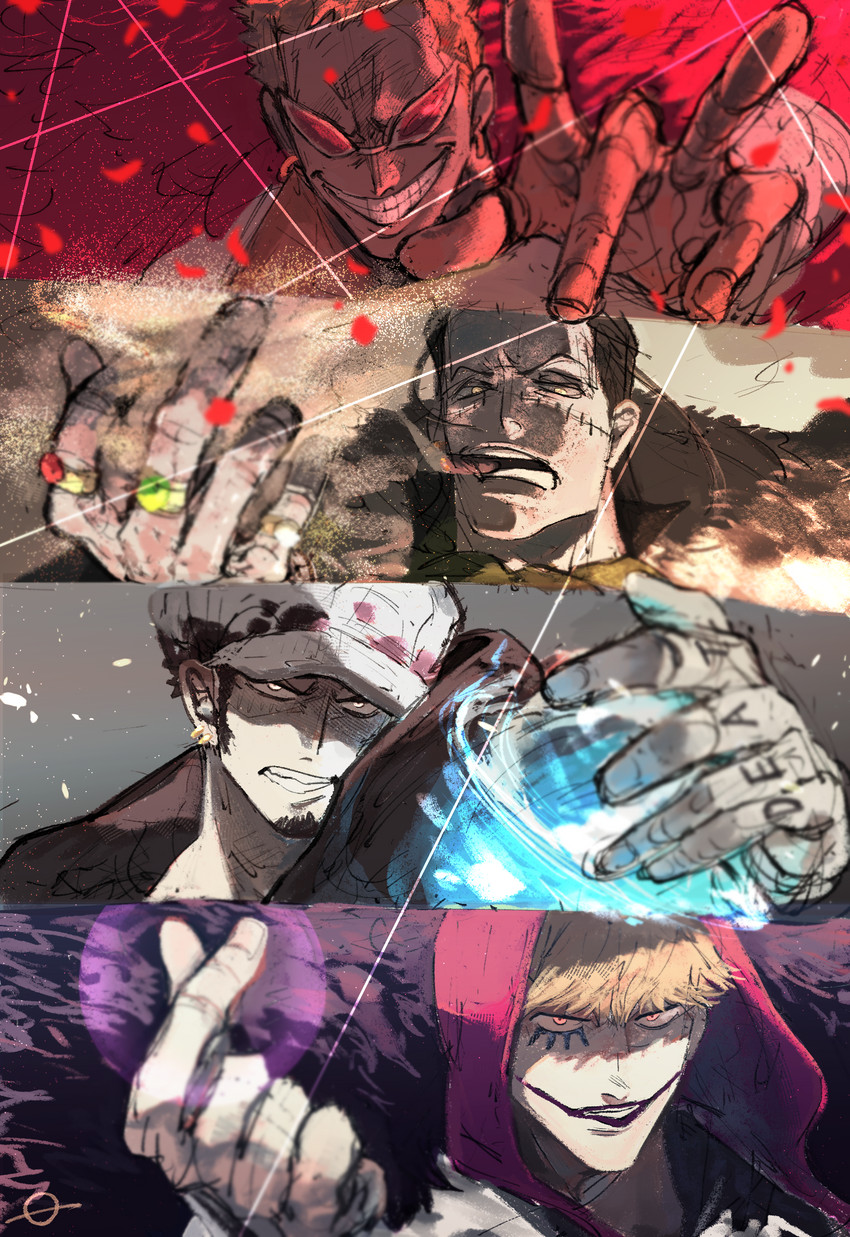 trafalgar law, donquixote doflamingo, crocodile, and donquixote rocinante (one piece) drawn by nakameguro_kyuukyuu_gairai