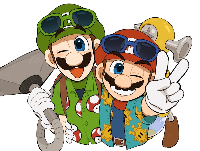 mario, luigi, and f.l.u.d.d. (mario and 4 more) drawn by mimimi_(mimimim9999)