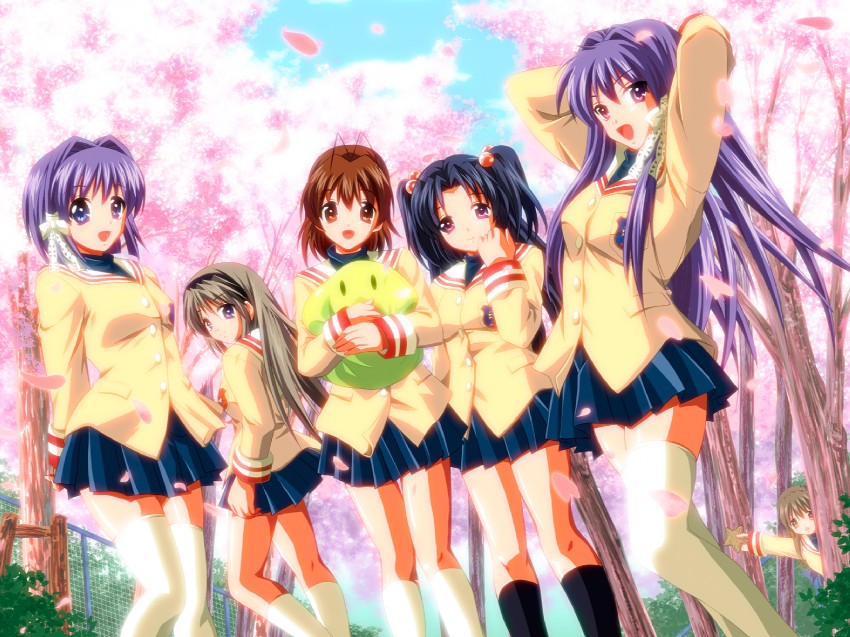 furukawa nagisa, fujibayashi kyou, ibuki fuuko, sakagami tomoyo, ichinose kotomi, and 1 more (clannad) drawn by naka_noboru