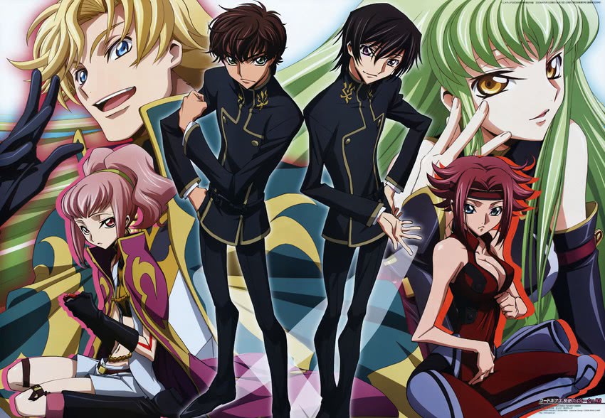 c.c., lelouch vi britannia, kouzuki kallen, kururugi suzaku, anya alstreim, and 1 more (code geass and 1 more) drawn by ishida_kana