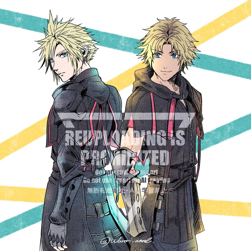 cloud strife and tidus (final fantasy and 3 more) drawn by warori_anne