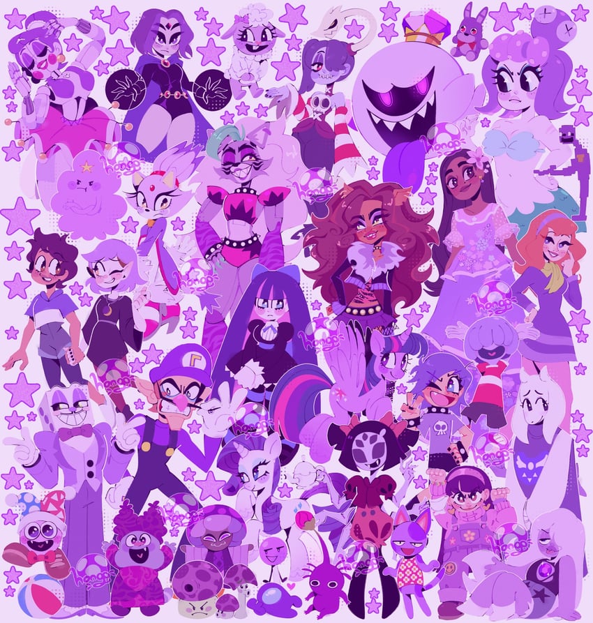 stocking, blaze the cat, raven, crewmate, purple pikmin, and 34 more (mario and 32 more) drawn by honguito