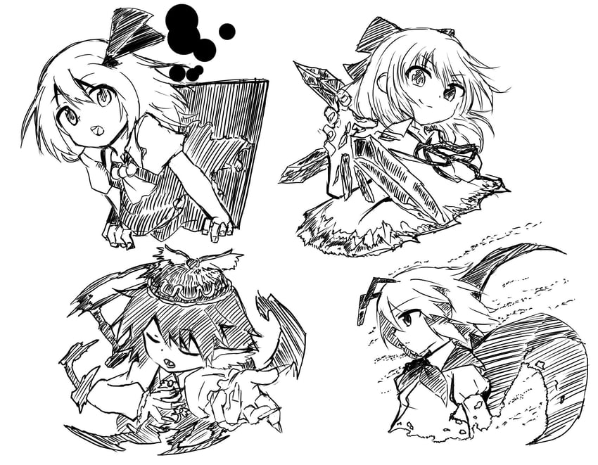 cirno, rumia, mystia lorelei, and wriggle nightbug (touhou) drawn by shinmon_akika