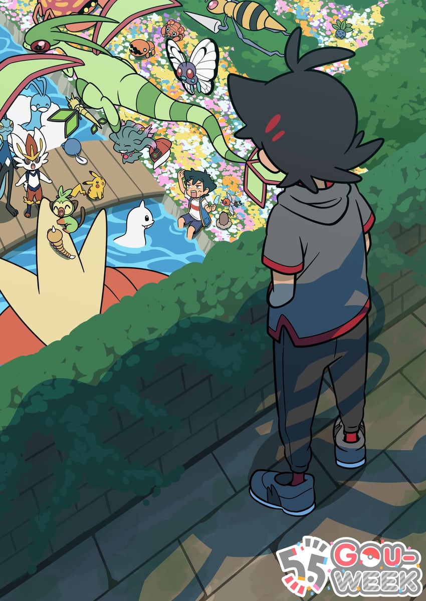 pikachu, ash ketchum, grookey, goh, altaria, and 17 more (pokemon and 1 more) drawn by shuan_0420
