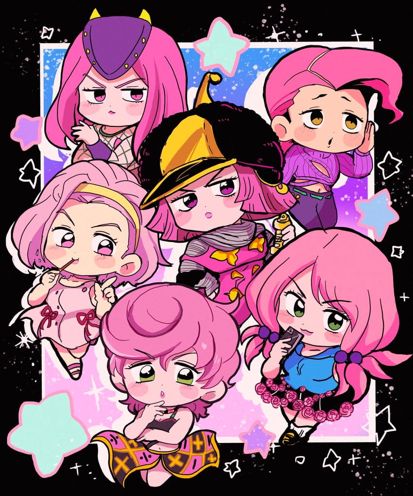 trish una, vinegar doppio, narciso anasui, sugimoto reimi, hirose yasuho, and 1 more (jojo no kimyou na bouken and 5 more) drawn by motu705