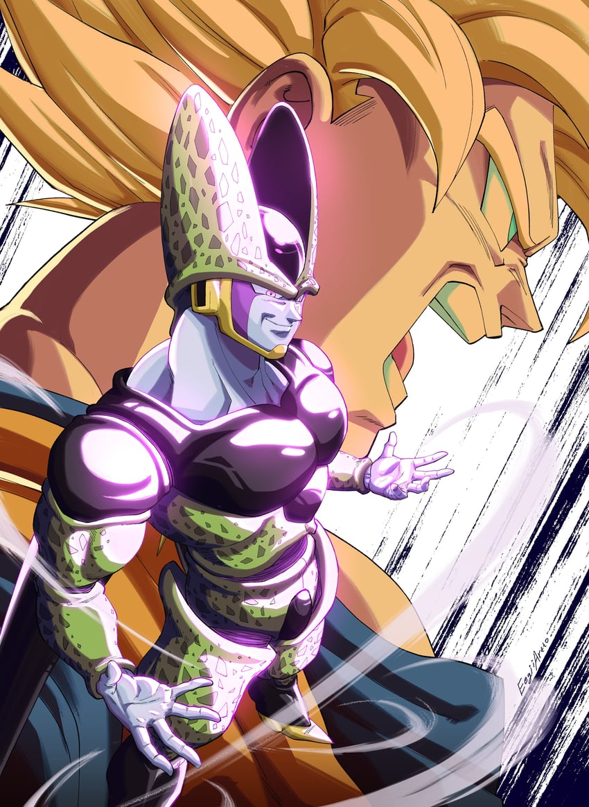 son goku, cell, and perfect cell (dragon ball and 1 more) drawn by eegiiartto