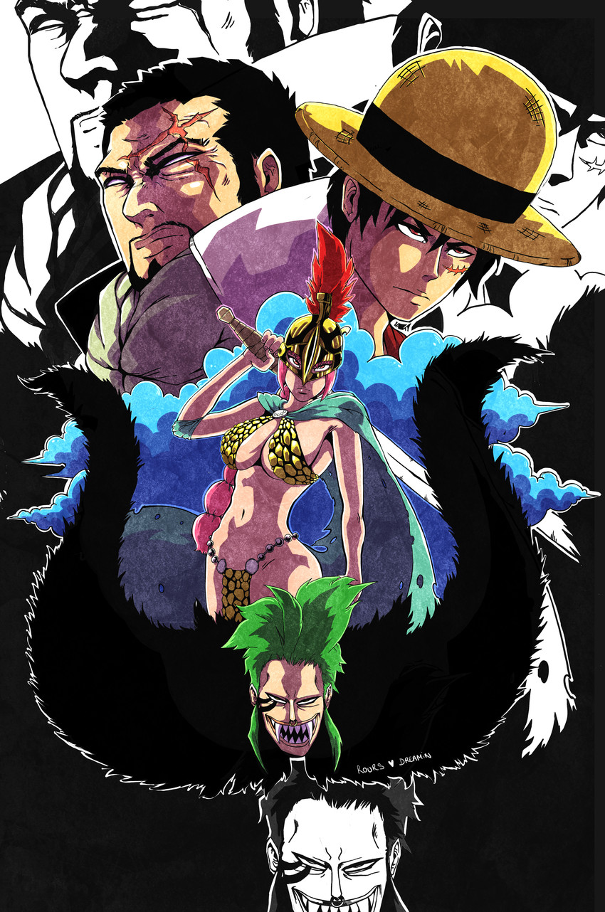 monkey d. luffy, rebecca, bartolomeo, and fujitora (one piece) drawn by prince_rours