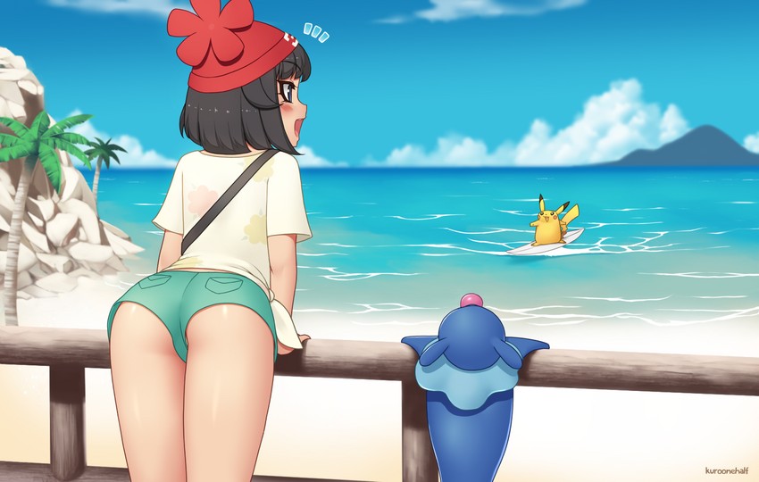pikachu, selene, popplio, and surfing pikachu (pokemon and 1 more) drawn by kuroonehalf