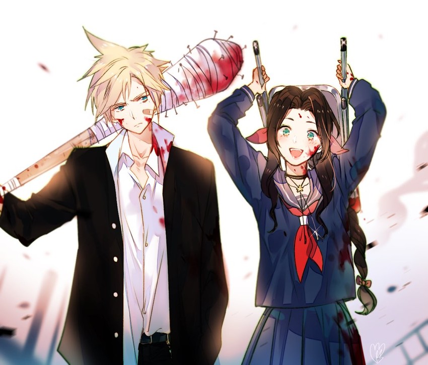 cloud strife and aerith gainsborough (final fantasy and 2 more) drawn by shell_(shell518)