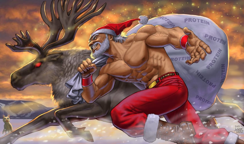 santa claus and surprised cat (original) drawn by matataku