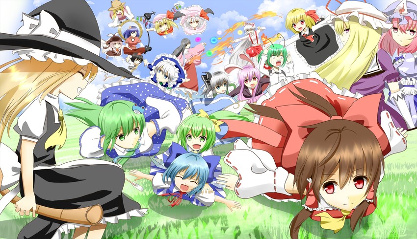 hakurei reimu, kirisame marisa, remilia scarlet, flandre scarlet, izayoi sakuya, and 15 more (touhou) drawn by indo_(mdtanaka2007)