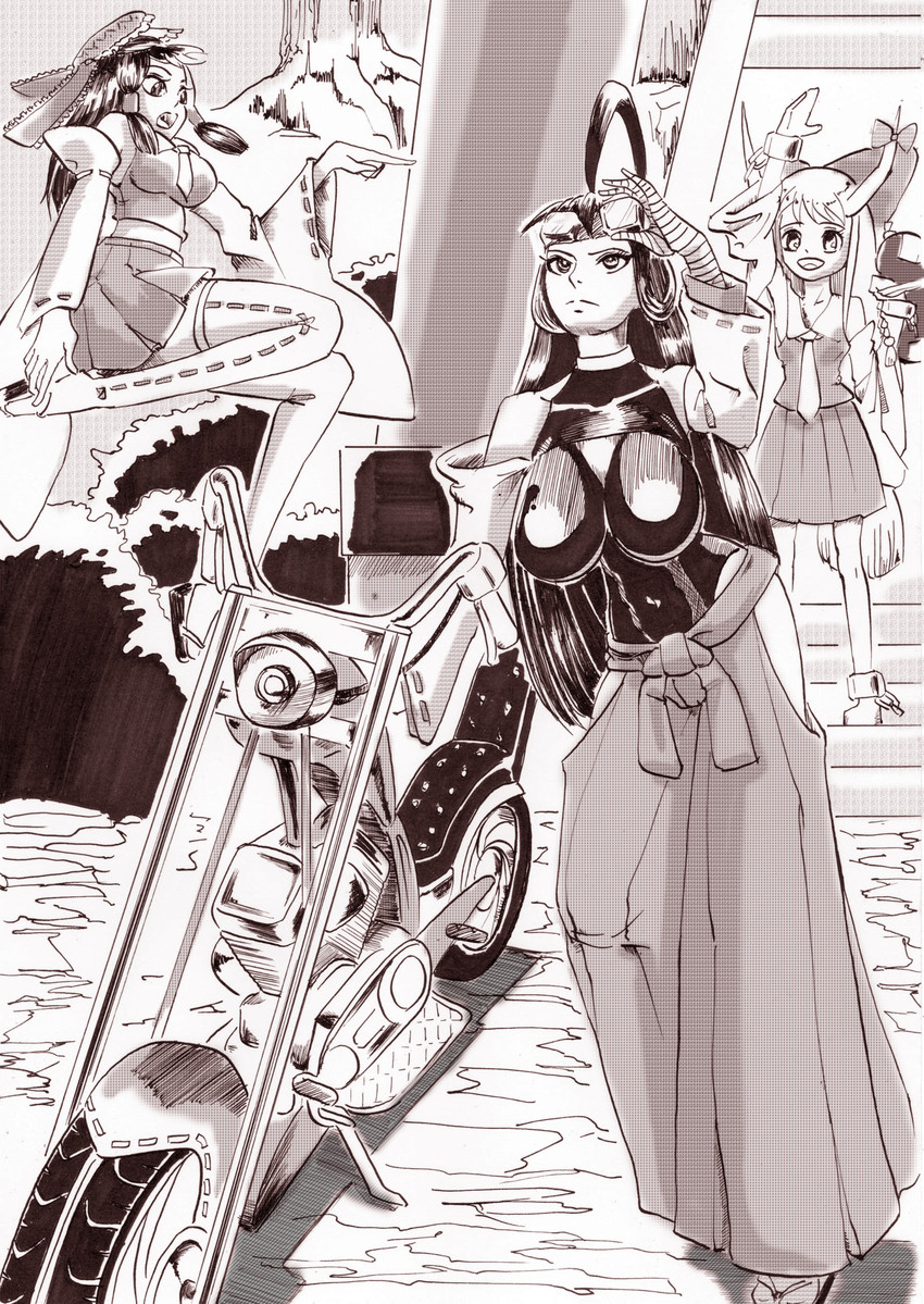 hakurei reimu, ibuki suika, and sendai hakurei no miko (original and 2 more) drawn by azibuda