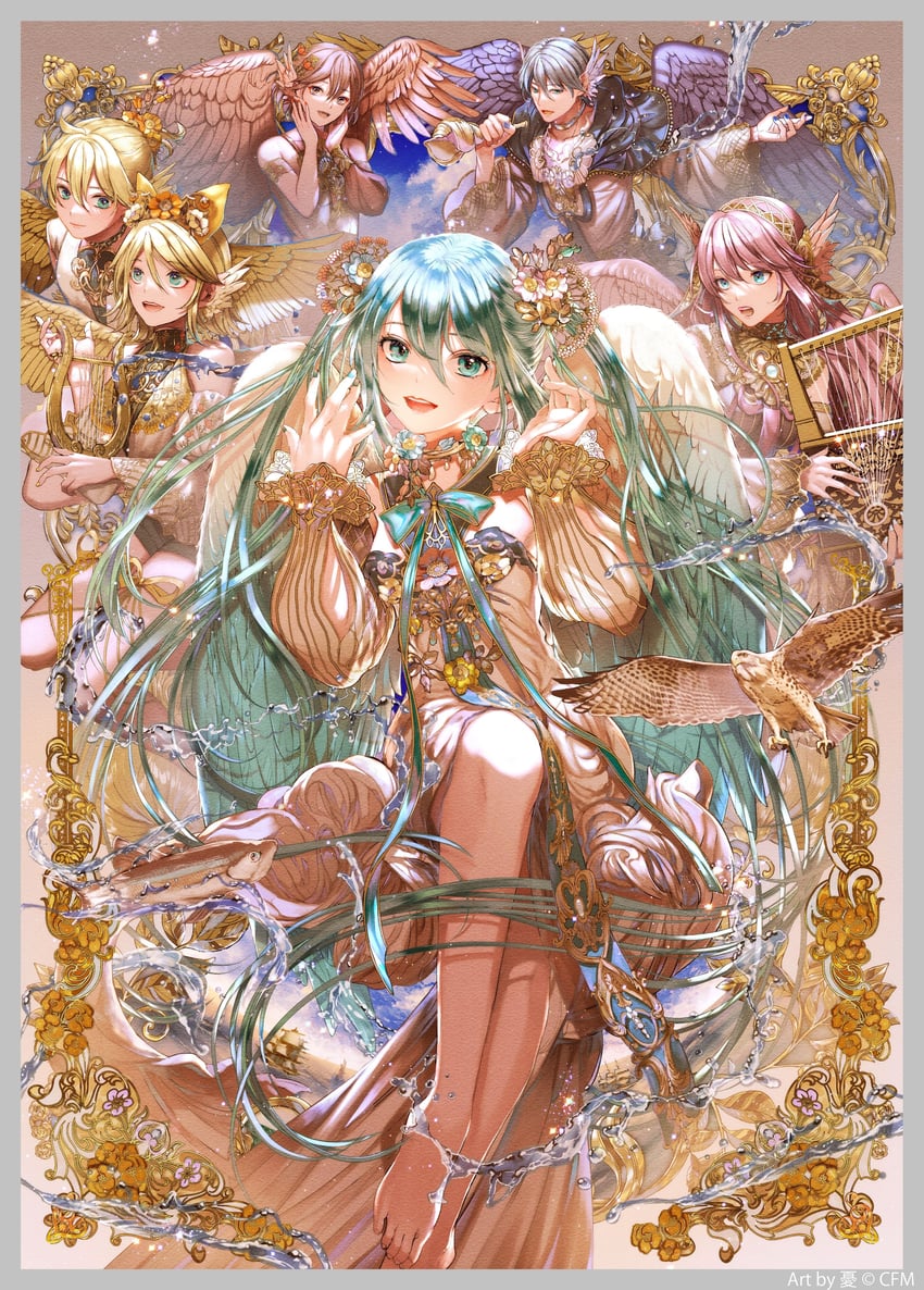 hatsune miku, kagamine rin, kagamine len, megurine luka, kaito, and 1 more (vocaloid and 1 more) drawn by yuu_(arcadia)