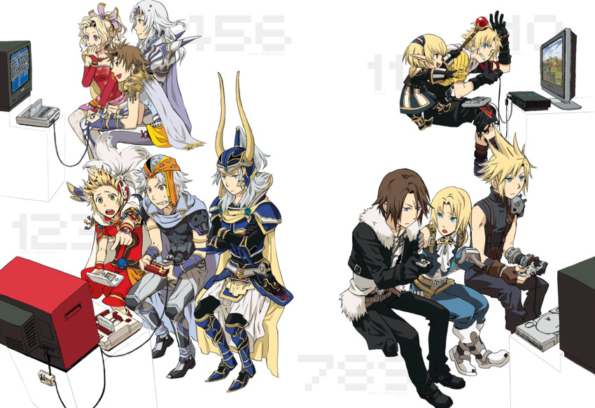 cloud strife, terra branford, squall leonhart, zidane tribal, bartz klauser, and 10 more (final fantasy and 13 more) drawn by arita_youko