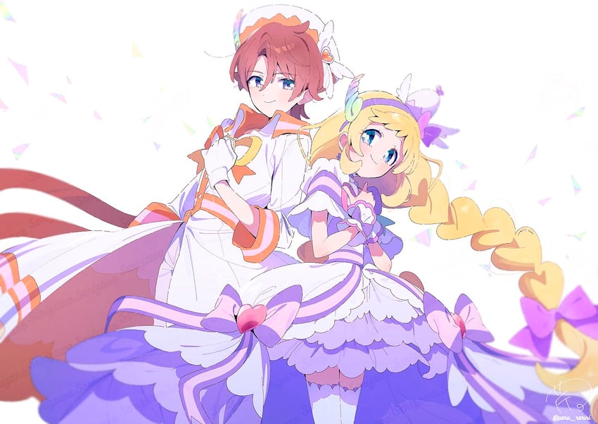 inukai iroha, cure friendy, and toyama satoru (precure and 1 more) drawn by serizawa_serizane