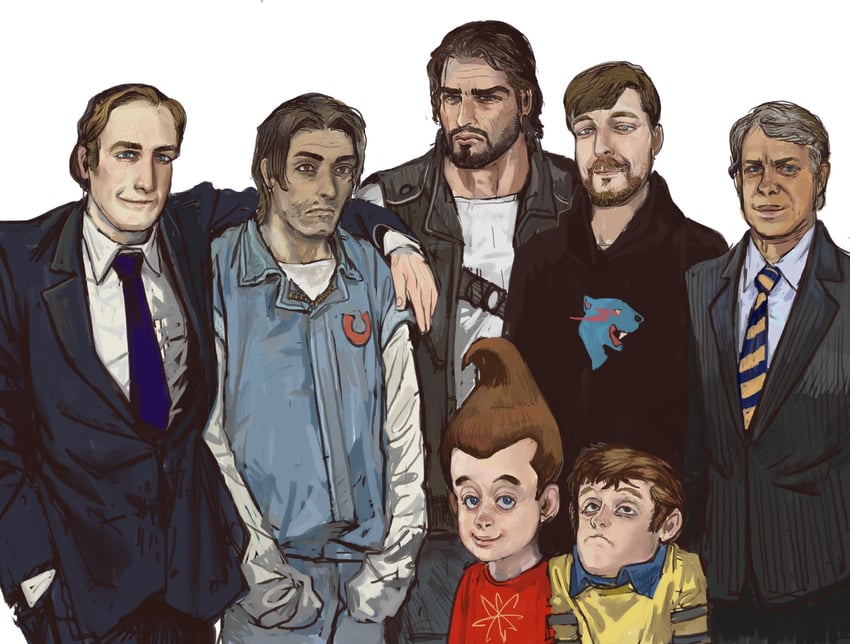 jimmy, saul goodman, jimmy valmer, mrbeast, jimmy neutron, and 2 more (real life and 7 more) drawn by mossacannibalis