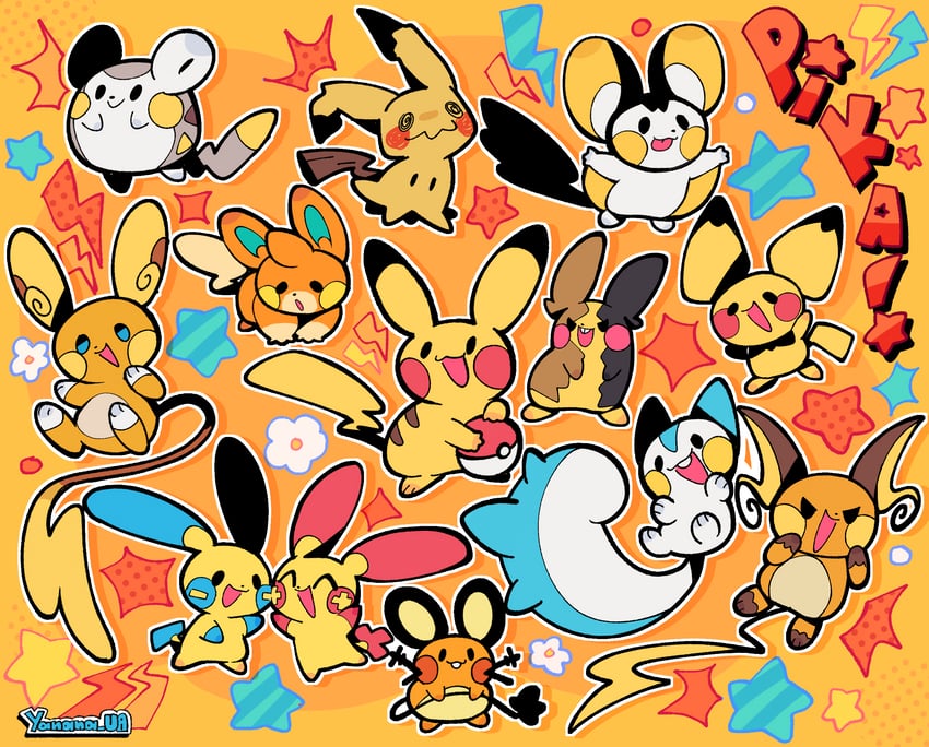 pikachu, morpeko, mimikyu, pichu, raichu, and 8 more (pokemon) drawn by yanana_ua